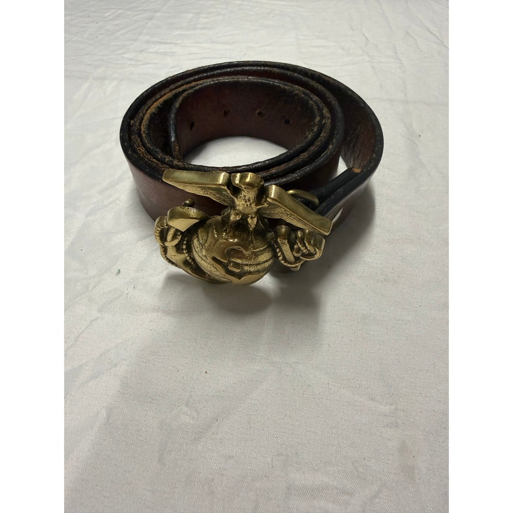 Vintage 1978 Baron Buckles US Marine Corps Brass EGA Belt Brown Leather Mens